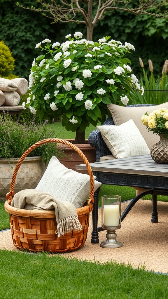 A cozy blanket basket next to a seating area in a garden, filled with a soft throw and surrounded by plants and a candle.