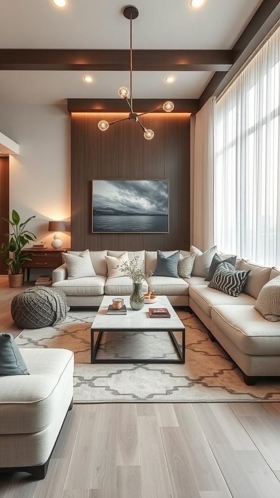 Modern sunken couch area with a stylish coffee table and cozy decor