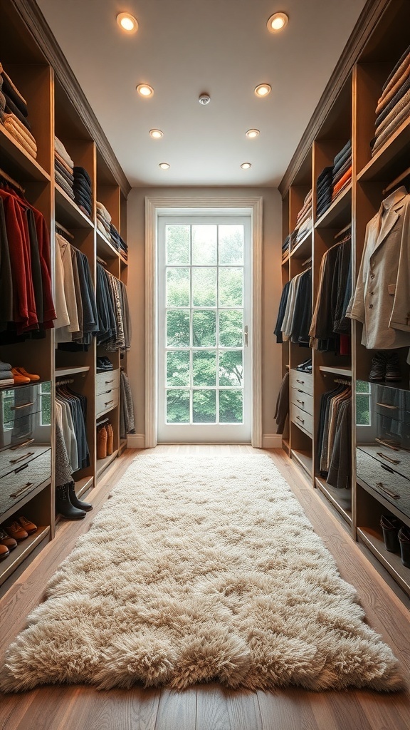 A walk-in closet featuring a plush, cozy rug on wooden flooring, with shelves filled with neatly arranged clothing.