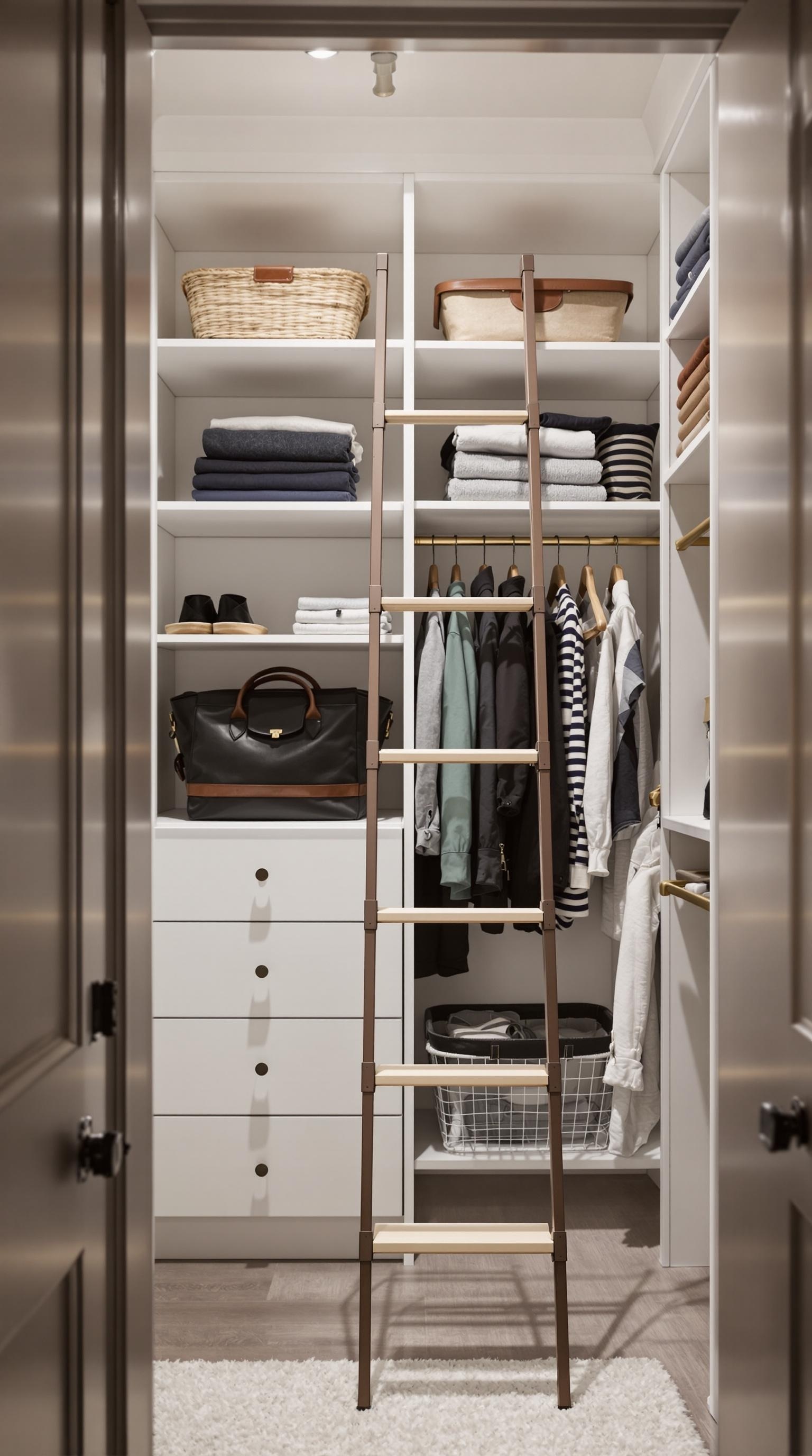 A walk-in closet featuring a ladder for accessing high storage, with neatly arranged shelves and baskets.