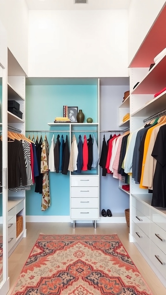 A walk-in closet with colorful walls and organized clothing.