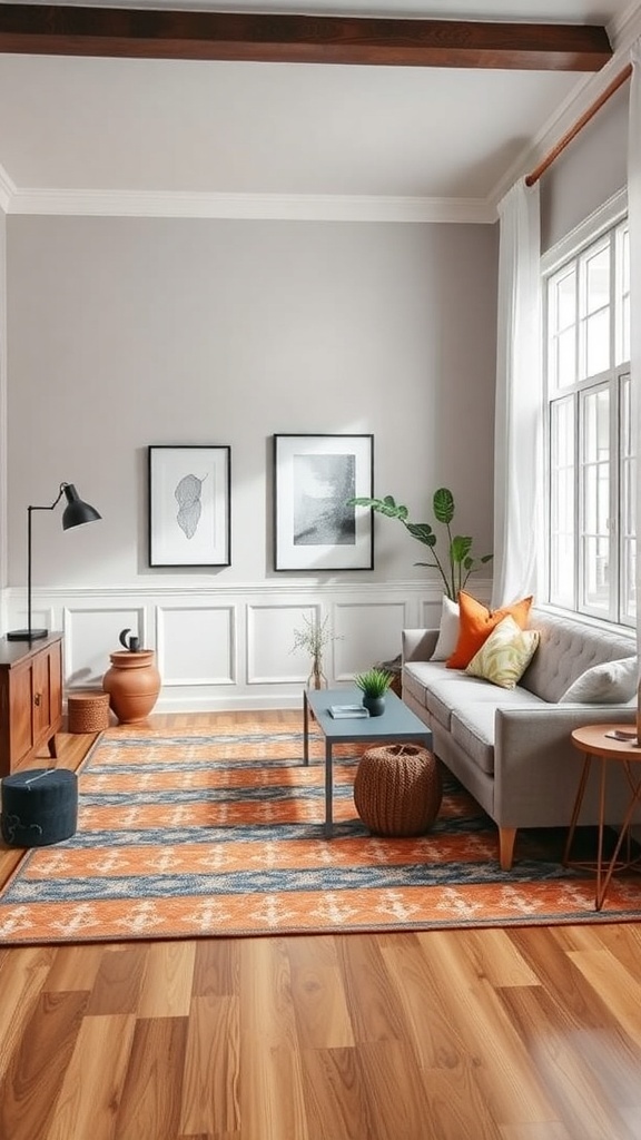 A stylish living room featuring a colorful statement rug, a gray sofa, and decorative elements.