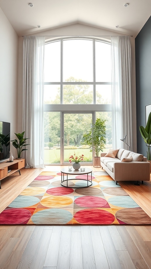 A spacious living room featuring a colorful circular rug, large windows, and a cozy sofa.