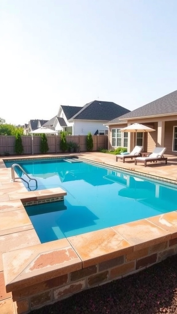 A sunken above ground pool with a tanning ledge and lounge chairs.