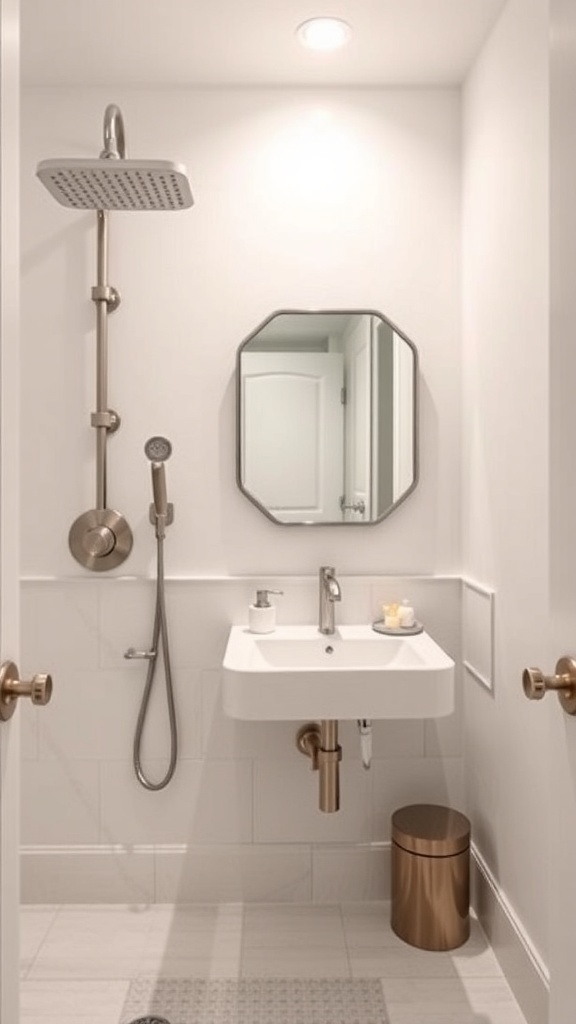 A modern bathroom with a sleek showerhead, minimalist sink, and stylish round mirror.