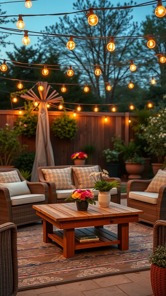 A cozy outdoor seating area with string lights overhead, creating a warm and inviting atmosphere.