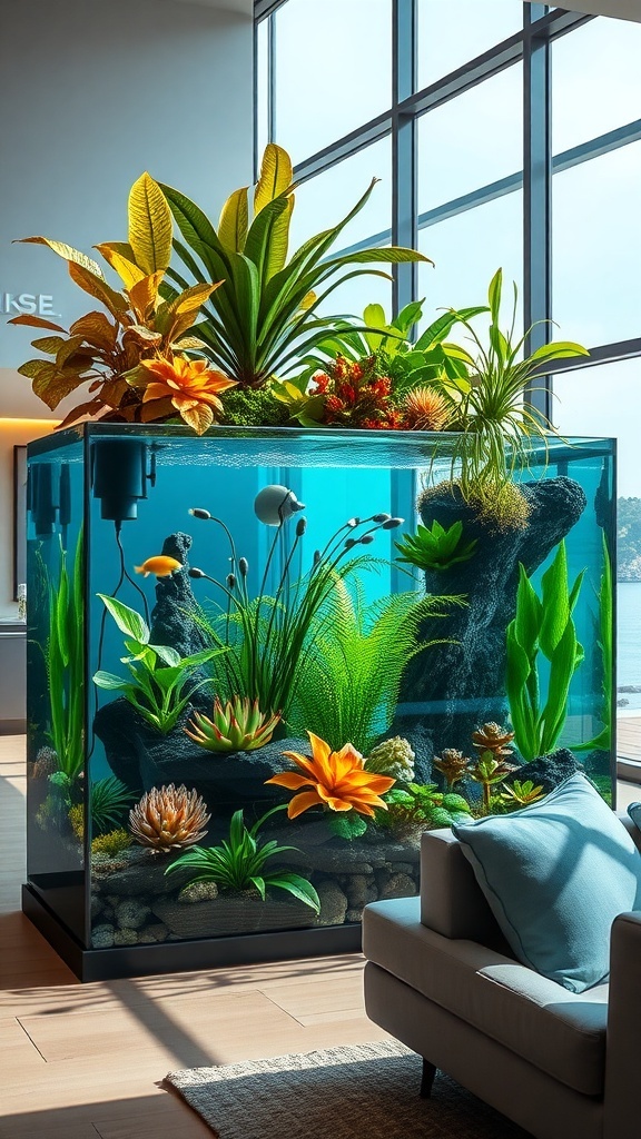 A beautifully decorated aquarium with various aquatic plants and colorful decorations.