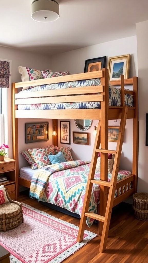 A cozy loft bed room featuring colorful bedding, artwork on the walls, and a warm wooden frame.