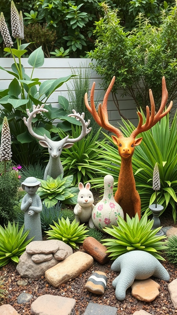 A colorful garden scene featuring various animal sculptures among lush green plants.