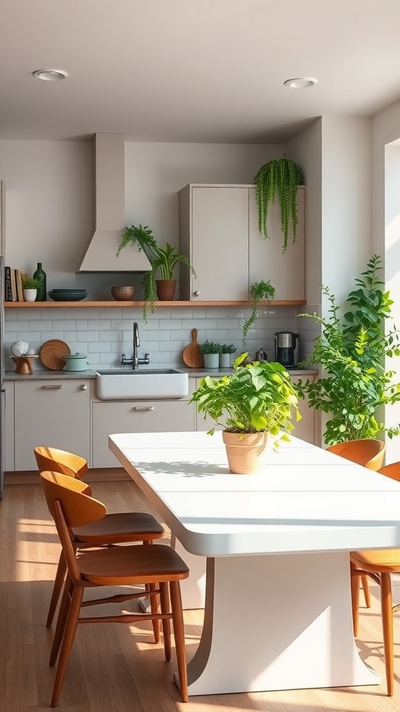 A bright kitchen with a white table, wooden chairs, and various plants on the table and shelves.