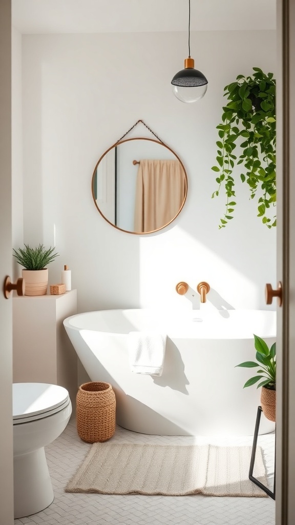 Minimalist cottage bathroom with greenery and natural light