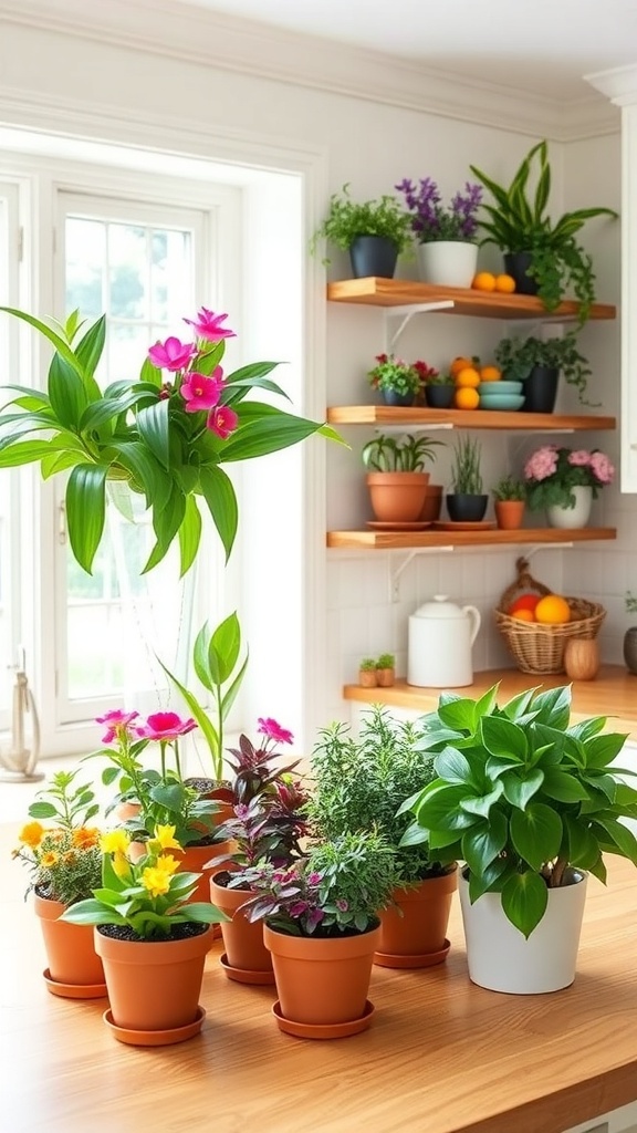 A cozy kitchen countertop with various potted plants in terracotta and ceramic pots, showcasing a farmhouse style.