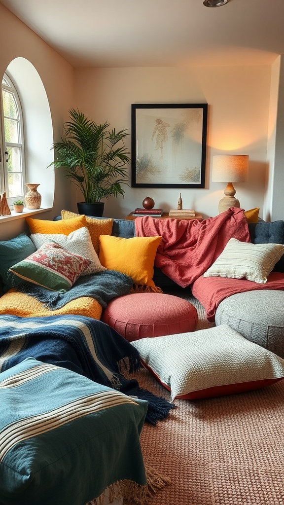 A cozy sunken lounge filled with colorful throw blankets and cushions, creating a warm and inviting atmosphere.
