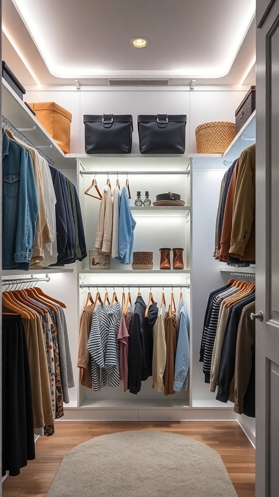 A well-lit closet with organized clothing and storage.