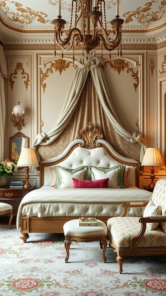 A luxurious Rococo bedroom featuring an ornate chandelier, intricate ceiling design, and elegant furnishings.