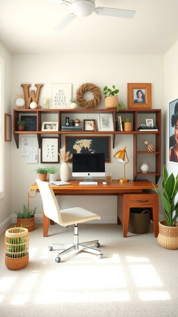 A cozy home office with wooden shelves filled with personal items, plants, and a stylish desk.