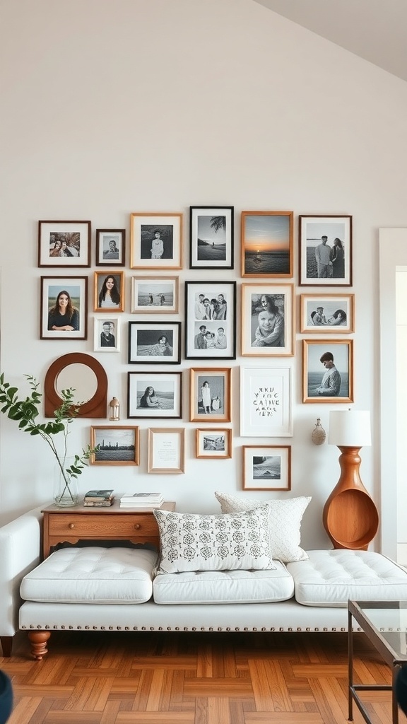 A cozy living room featuring a gallery wall of framed photos, a wooden console table, and decorative pillows.