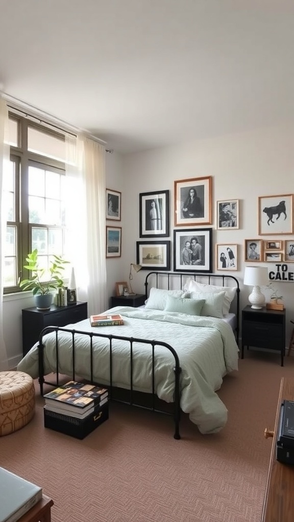A cozy bedroom featuring a gallery wall of framed art, a bed with light bedding, and a plant by the window.