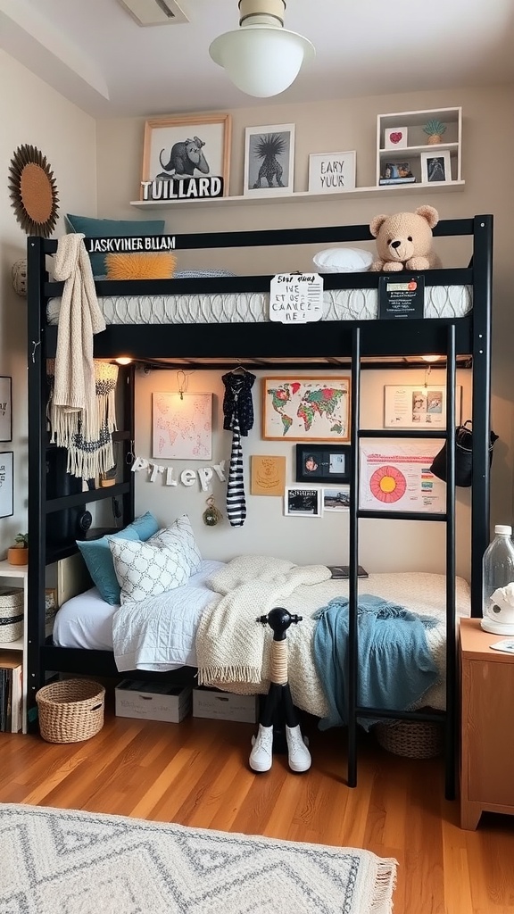 Cozy loft bed setup with a black frame, warm wooden floor, and a gallery wall of framed art.