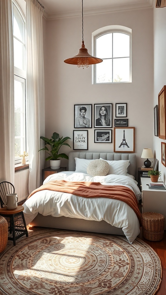 A cozy small bedroom featuring a bed with white bedding, a warm blanket, framed photos on the wall, a plant, and a decorative rug.