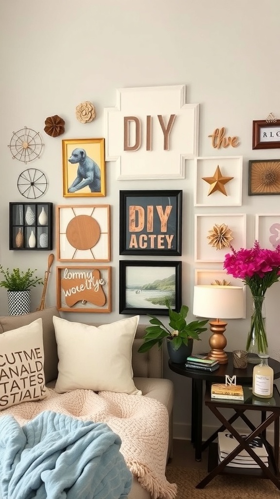 A modern living room with plants, neutral furniture, and a large framed number on the wall.