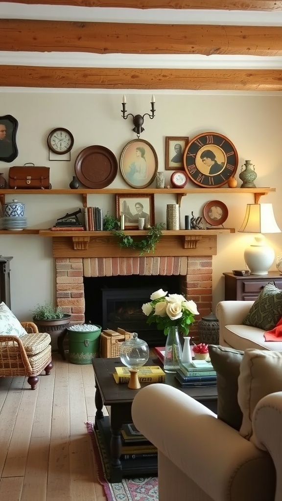 A cozy farmhouse living room with vintage clocks, woven baskets, and soft furnishings.