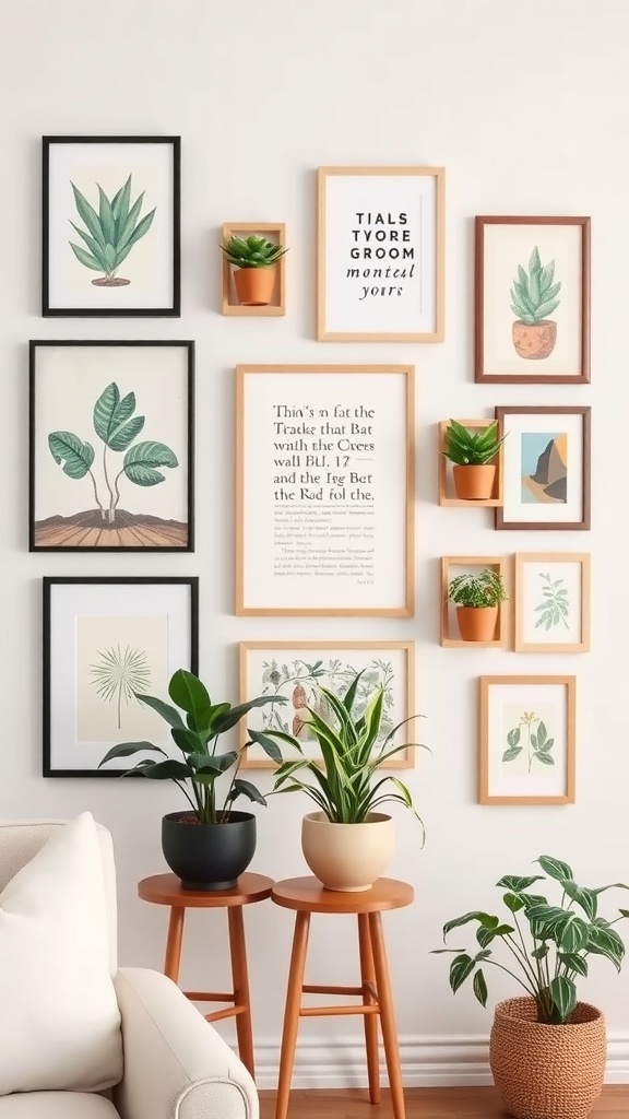 A gallery wall featuring framed art and potted plants, creating a lively and inviting atmosphere.