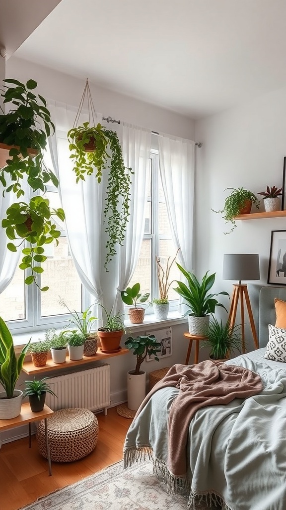 A cozy small bedroom filled with various plants, showcasing a fresh and inviting aesthetic.