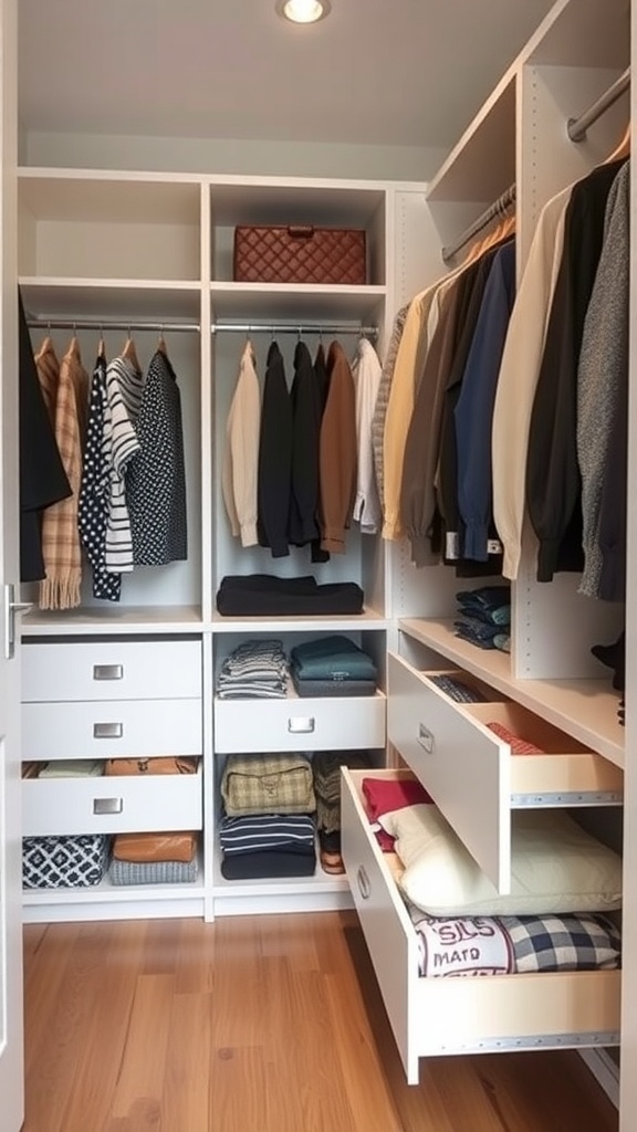 A walk-in closet featuring pull-out drawers and hanging clothes.