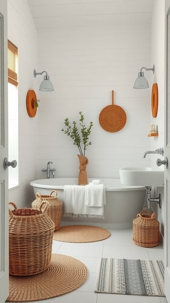 A minimalist cottage bathroom featuring a white bathtub, woven baskets, and earthy tones.