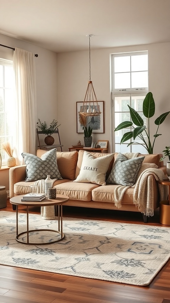 Cozy living room with a sofa, throw pillows, and a blanket, showcasing a warm and inviting atmosphere.