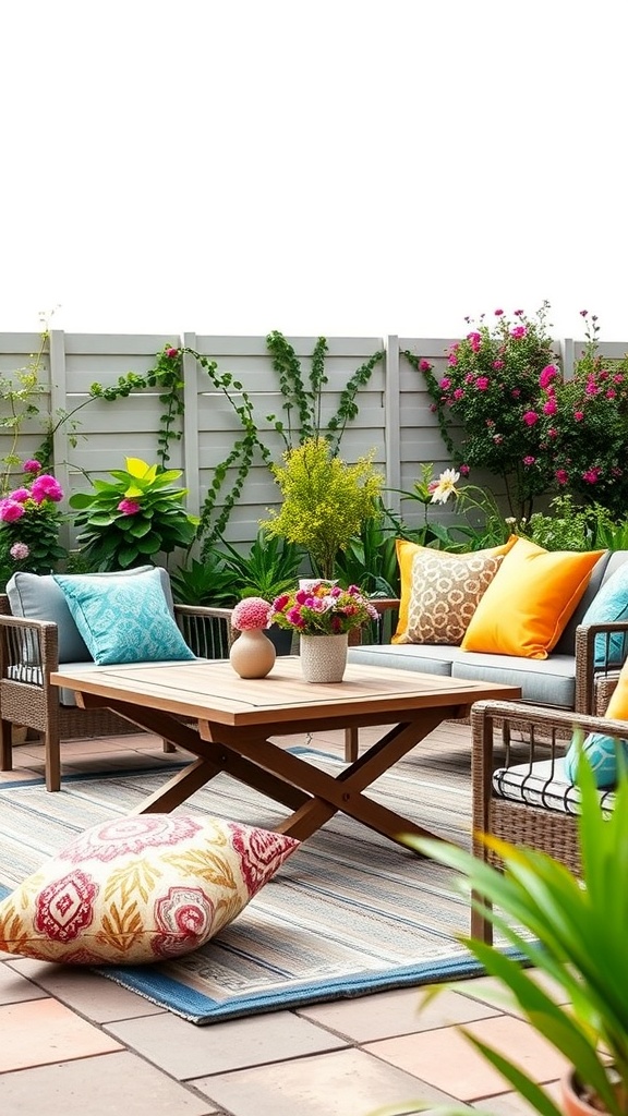 A cozy outdoor seating area with colorful throw pillows, a wooden coffee table, and vibrant flowers.