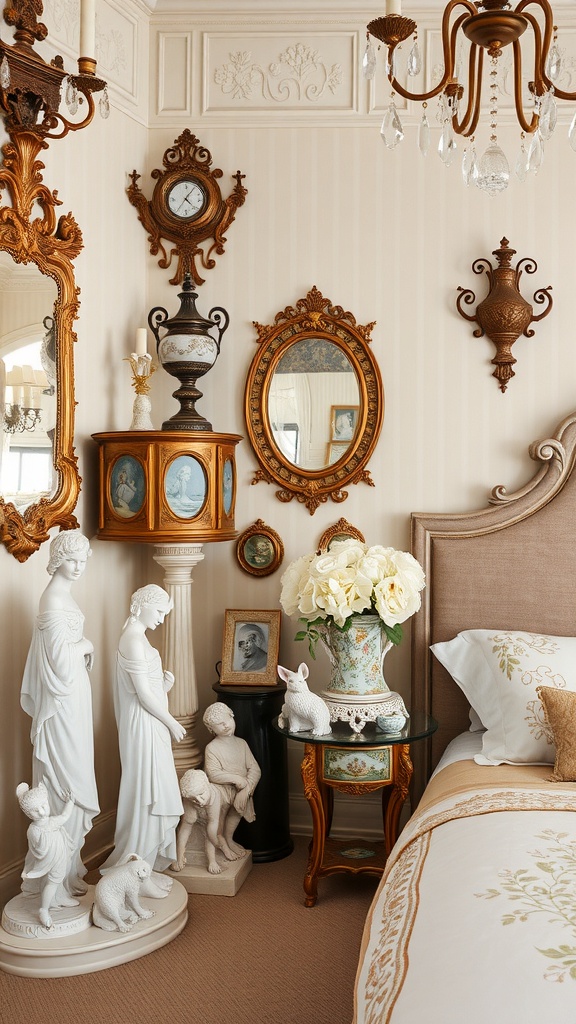 A Rococo bedroom featuring vintage accessories like a chandelier, framed artwork, and ornate furniture.