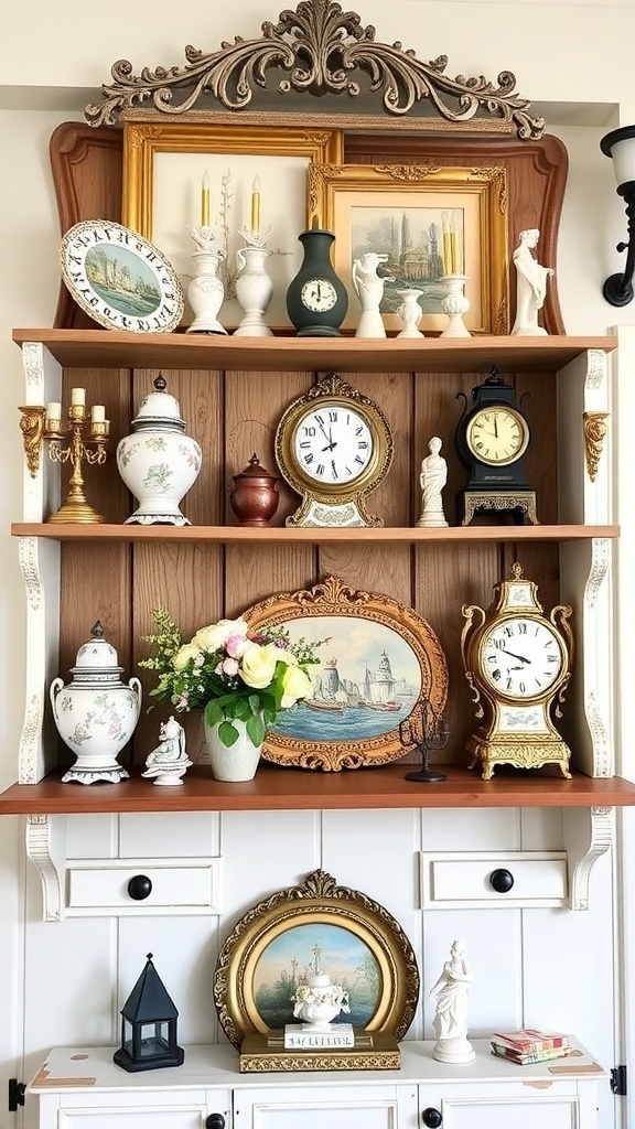A vintage styled shelf with various decorative items including clocks, vases, and framed art.