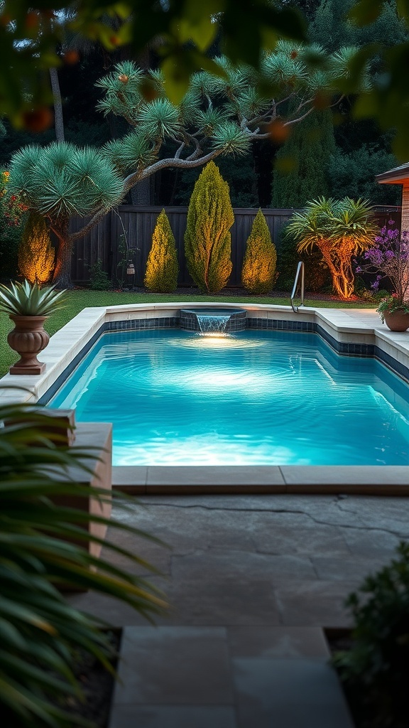 A sunken above ground pool with a waterfall feature surrounded by lush plants and evening lighting.