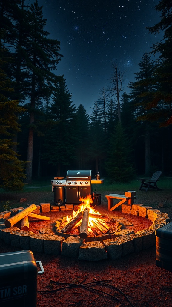 A campfire grill setup in a forest at night, featuring a grill, a fire pit surrounded by stones, and logs for seating under a starry sky.