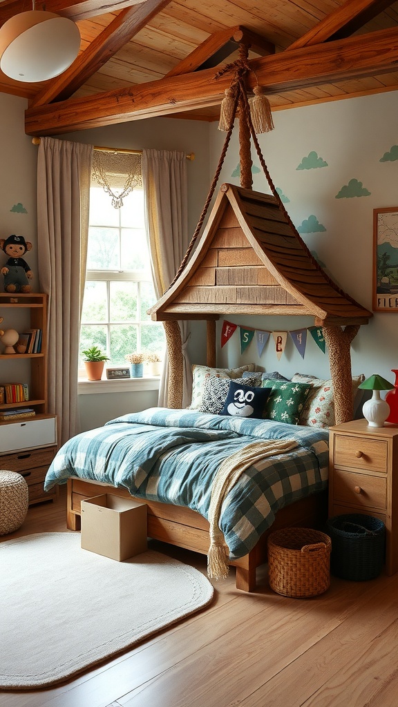 A cozy kids bedroom featuring a treehouse-themed bed with soft bedding, playful decor, and natural wood accents.