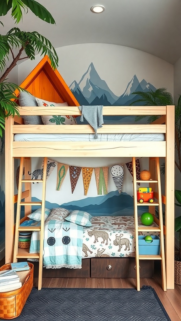 A cozy adventure-themed loft bed with a wooden roof, colorful decorations, and a playful atmosphere.