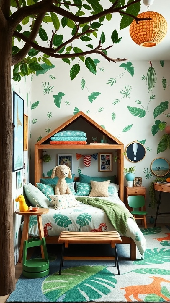 A jungle-themed kids bedroom featuring leafy wallpaper, a cozy bed, and a unique tree feature.