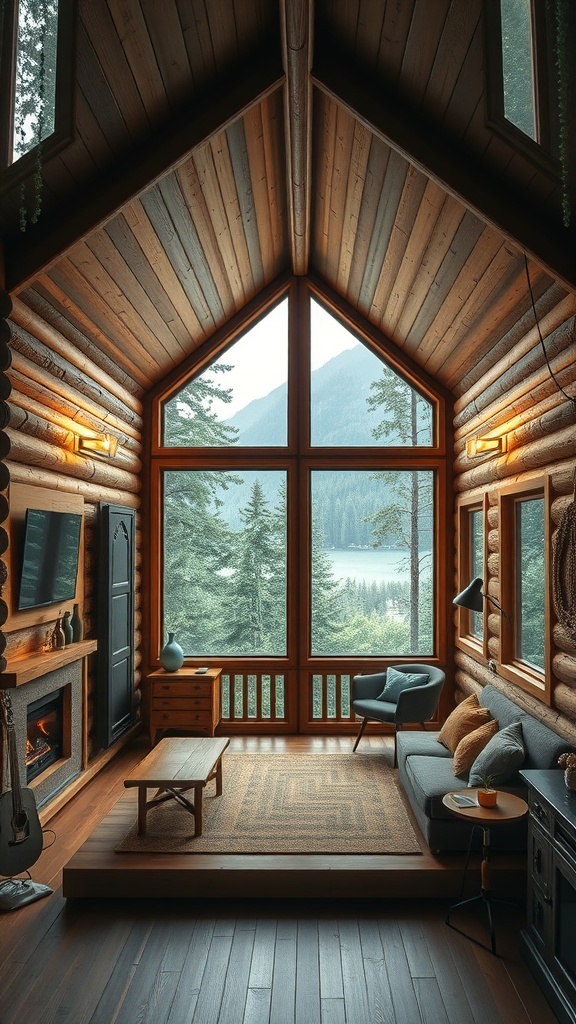 Cozy cabin interior with large windows overlooking a forest and lake