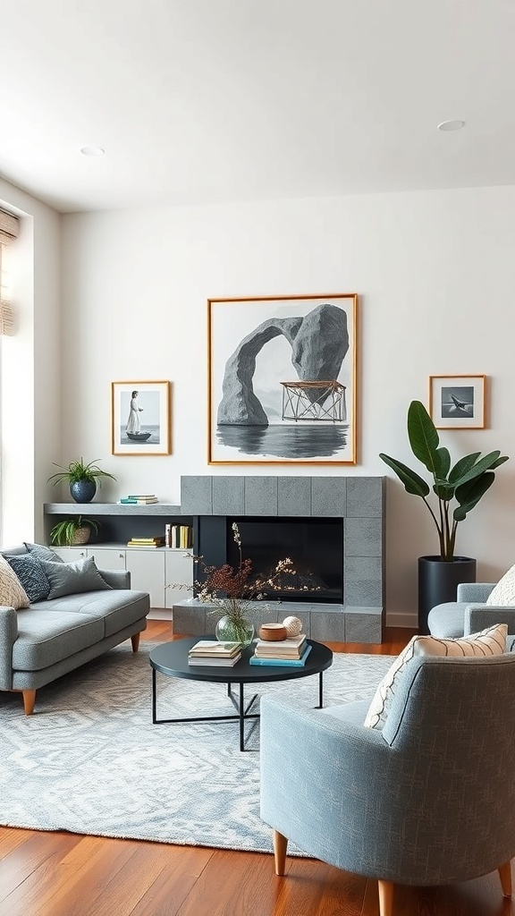 A modern living room with stylish furniture and affordable artwork on the walls.