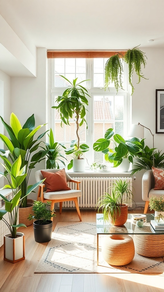 A bright living room filled with various indoor plants, showcasing a cozy and inviting atmosphere.