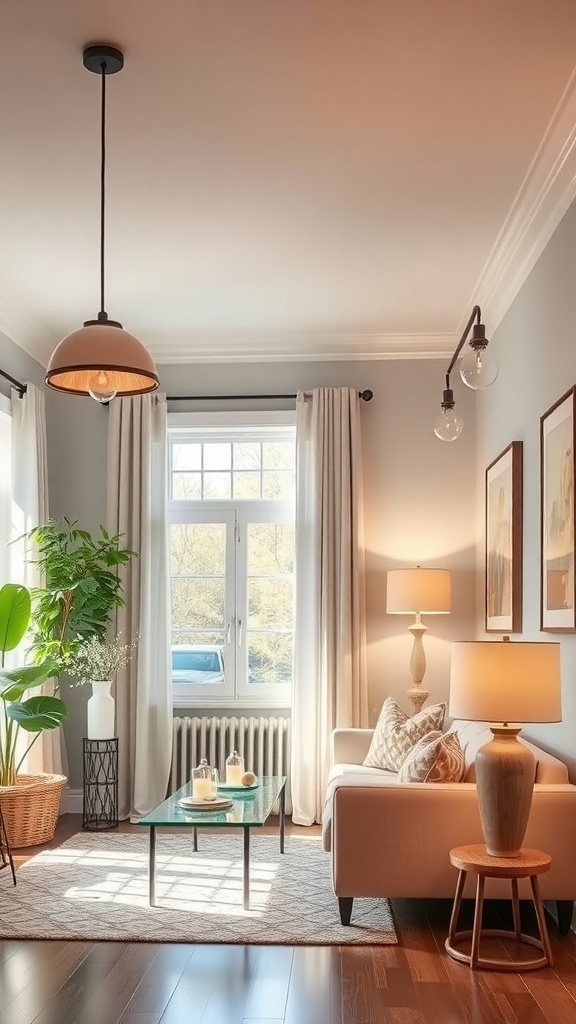 A cozy living room with stylish lighting fixtures, including a pendant light and table lamps, creating a warm atmosphere.