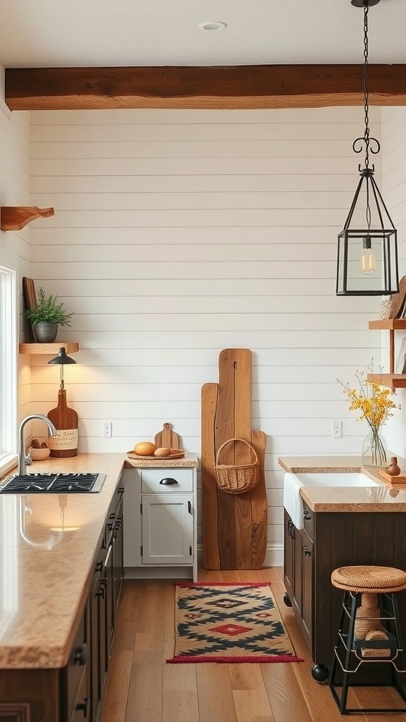 A rustic kitchen featuring shiplap walls, wooden beams, and a cozy decor