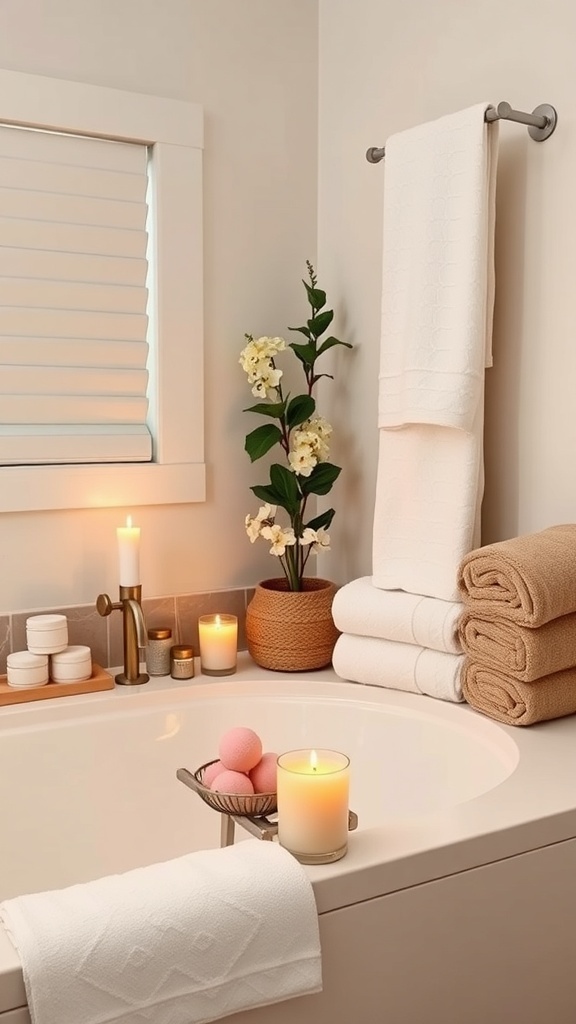 A serene bathroom with candles, towels, and decorative plants, creating a spa-like atmosphere.