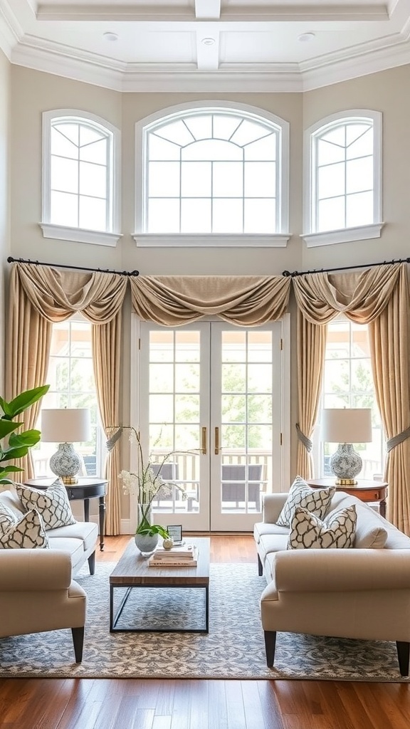 A beautifully decorated living room featuring elegant window treatments, showcasing a cozy and inviting atmosphere.