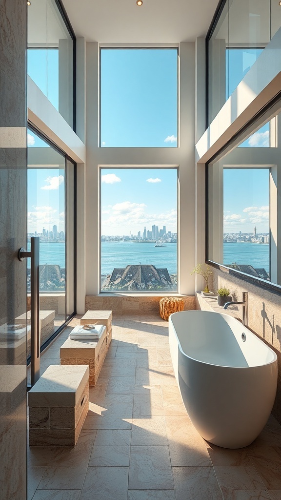 Modernes Badezimmer mit großen Fenstern, Badewanne und minimalistischen Armaturen