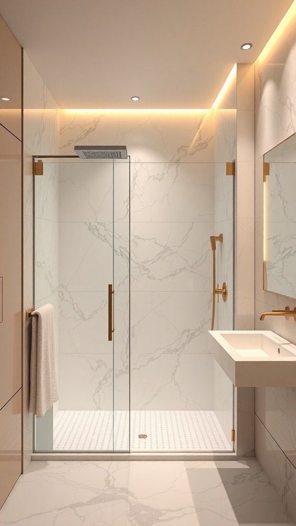 Moderne Walk-In-Dusche mit Akzentbeleuchtung und eleganten Armaturen