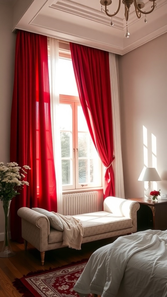 Ein Schlafzimmer mit kirschroten Vorhängen, einem Sofa und einem Fenster, das Licht hereinlässt.