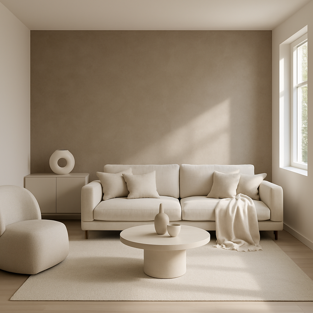 Ein minimalistisches Wohnzimmer mit einer erdigen Akzentwand, einem hellen Sofa und runden Möbeln.